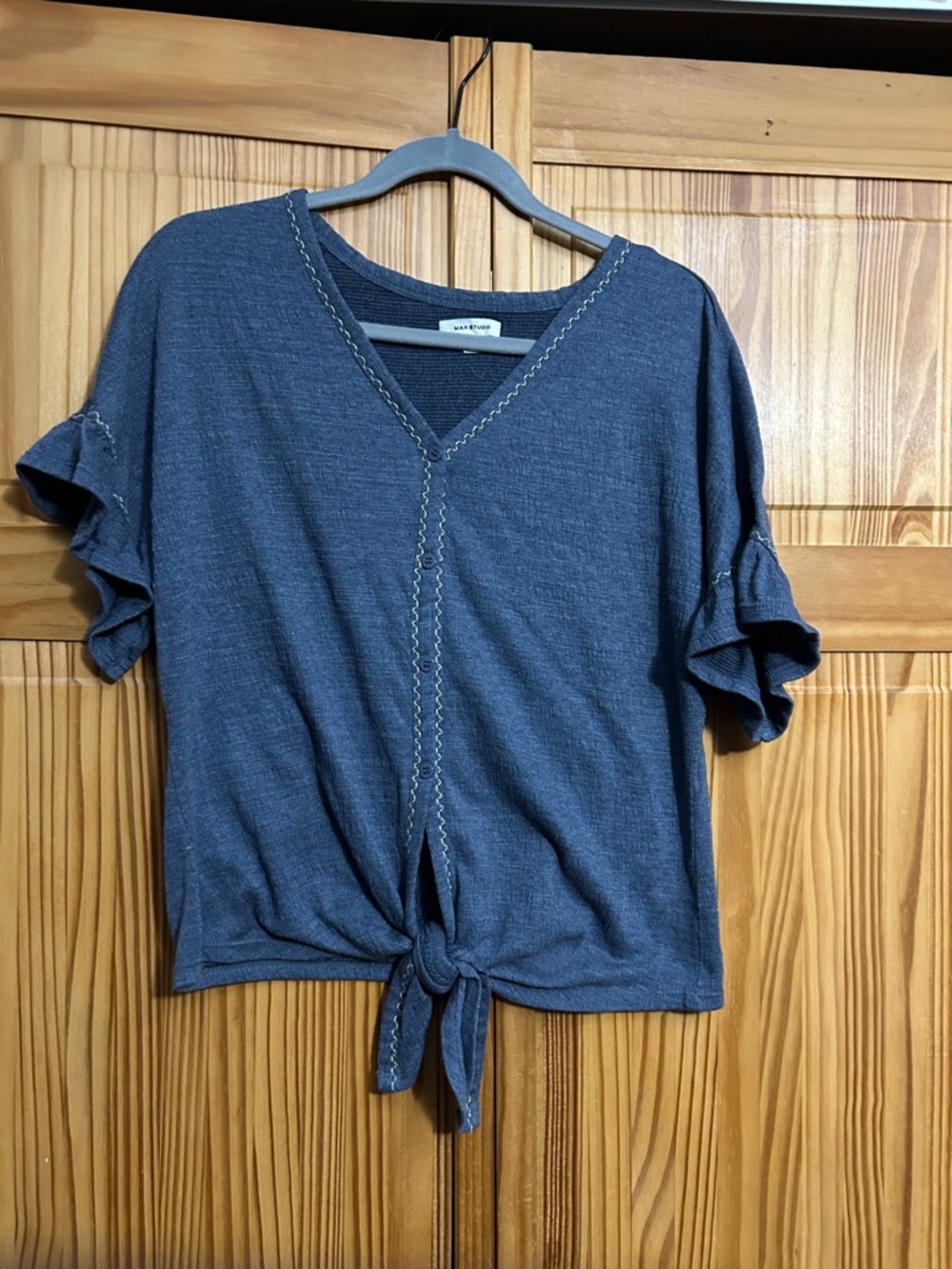 Max Studio Blue Tie-Front V-Neck Ruffle Sleeve Top
